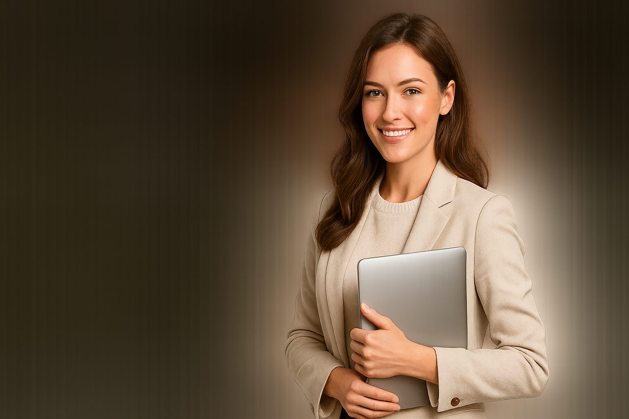 Студентка с ноутбуком — визуал первого экрана